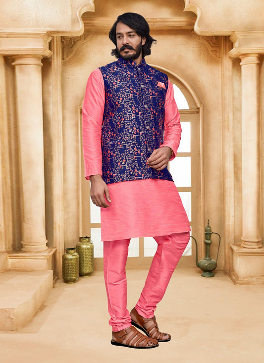 Kurta Payjama With Jacket Art Raw Silk Jacquard Blue Pink Digital Print Mens