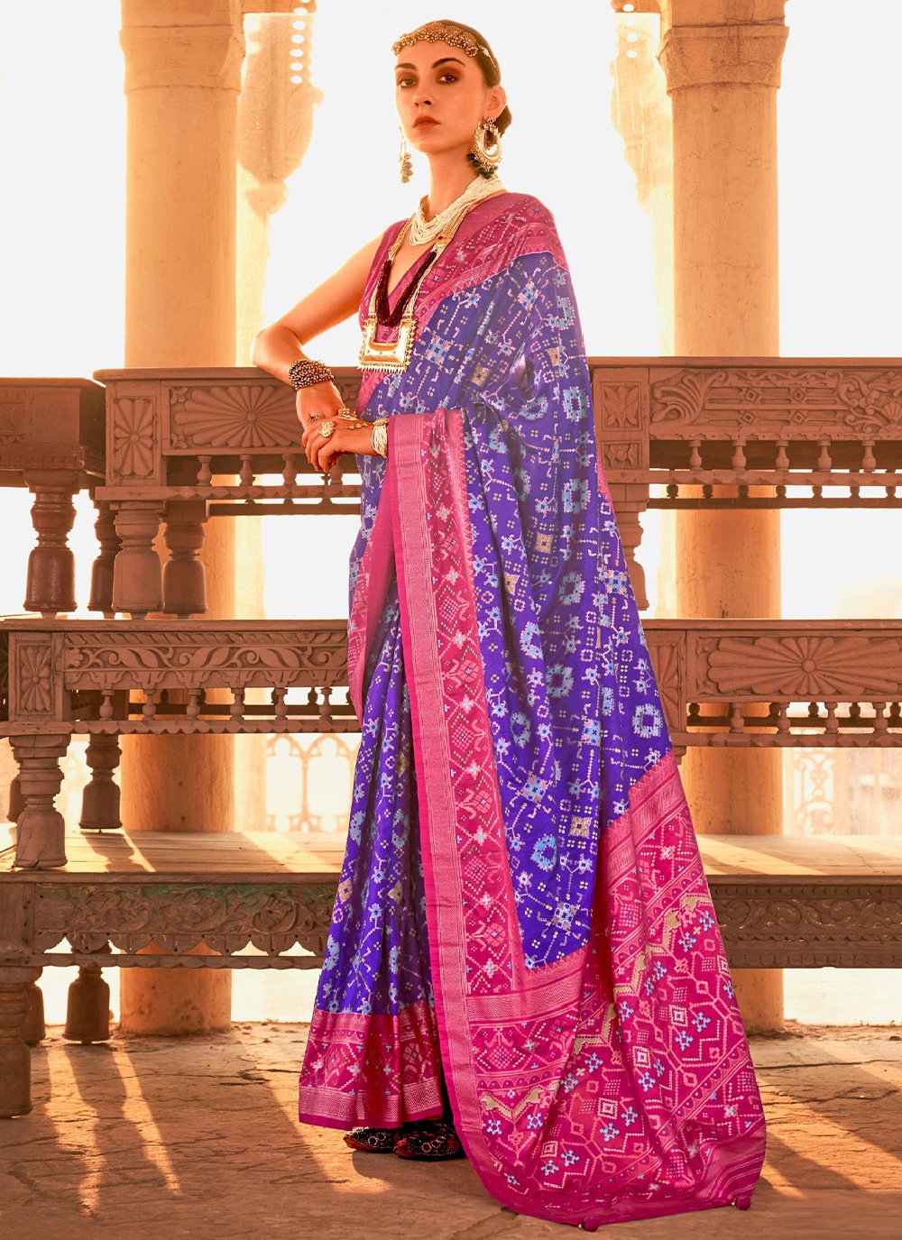 Classic Silk Blue Pink Patola Print Saree