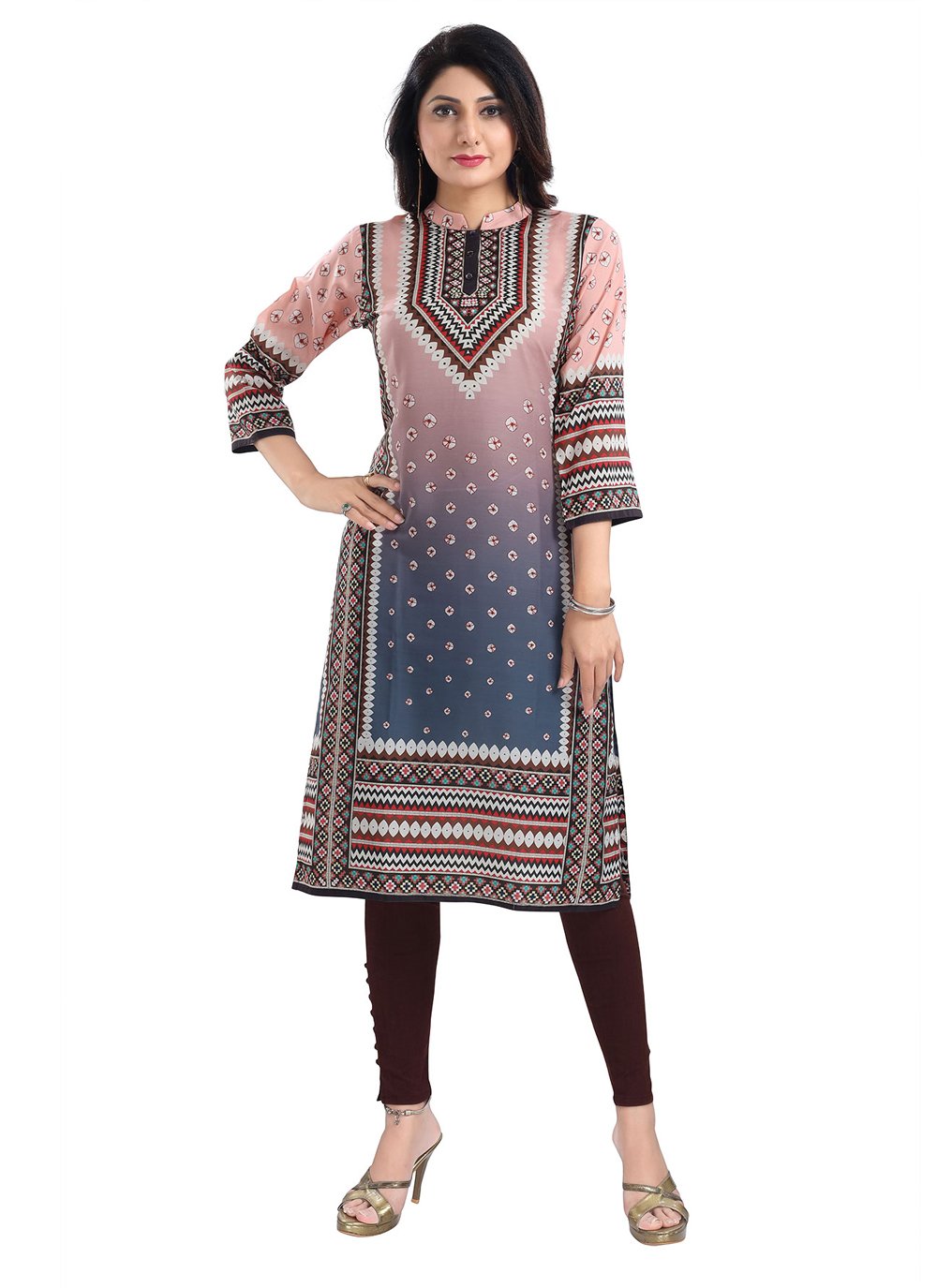 Designer Kurti Muslin Blue Pink Digital Print Kurtis