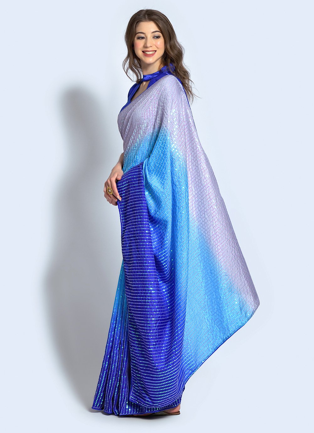 Shaded Saree Georgette Blue Pink Sequins Saree