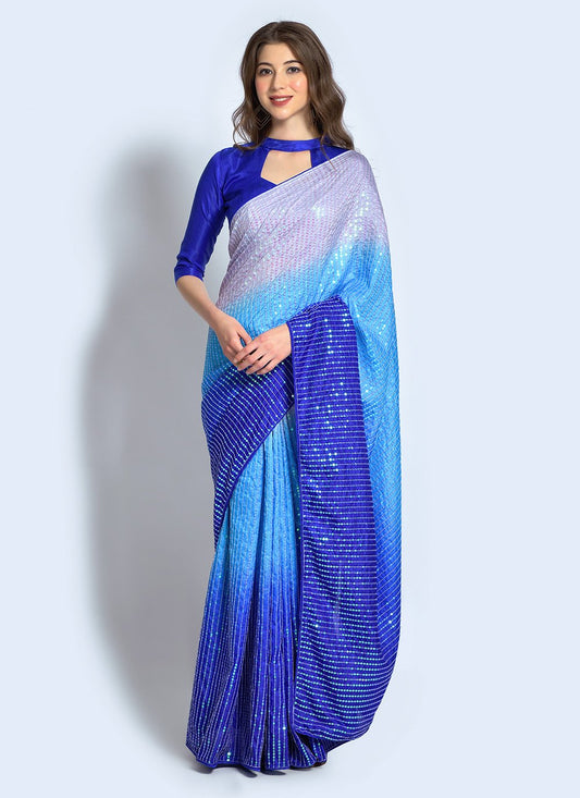 Shaded Saree Georgette Blue Pink Sequins Saree