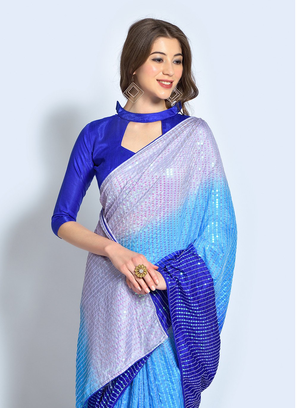 Shaded Saree Georgette Blue Pink Sequins Saree