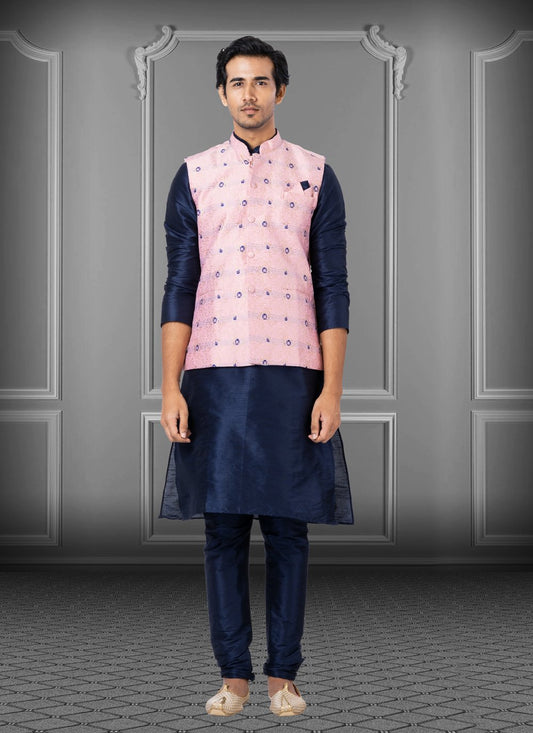 Kurta Payjama With Jacket Dupion Silk Blue Pink Fancy Work Mens