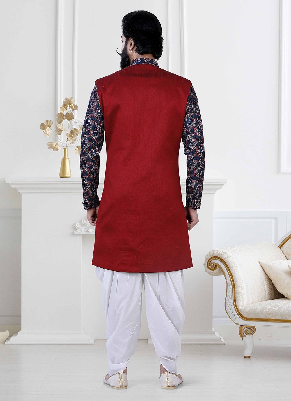 Indo Western Jacquard Silk Blue Red Embroidered Mens