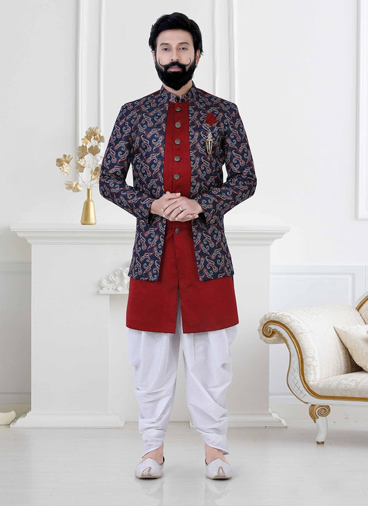 Indo Western Jacquard Silk Blue Red Embroidered Mens