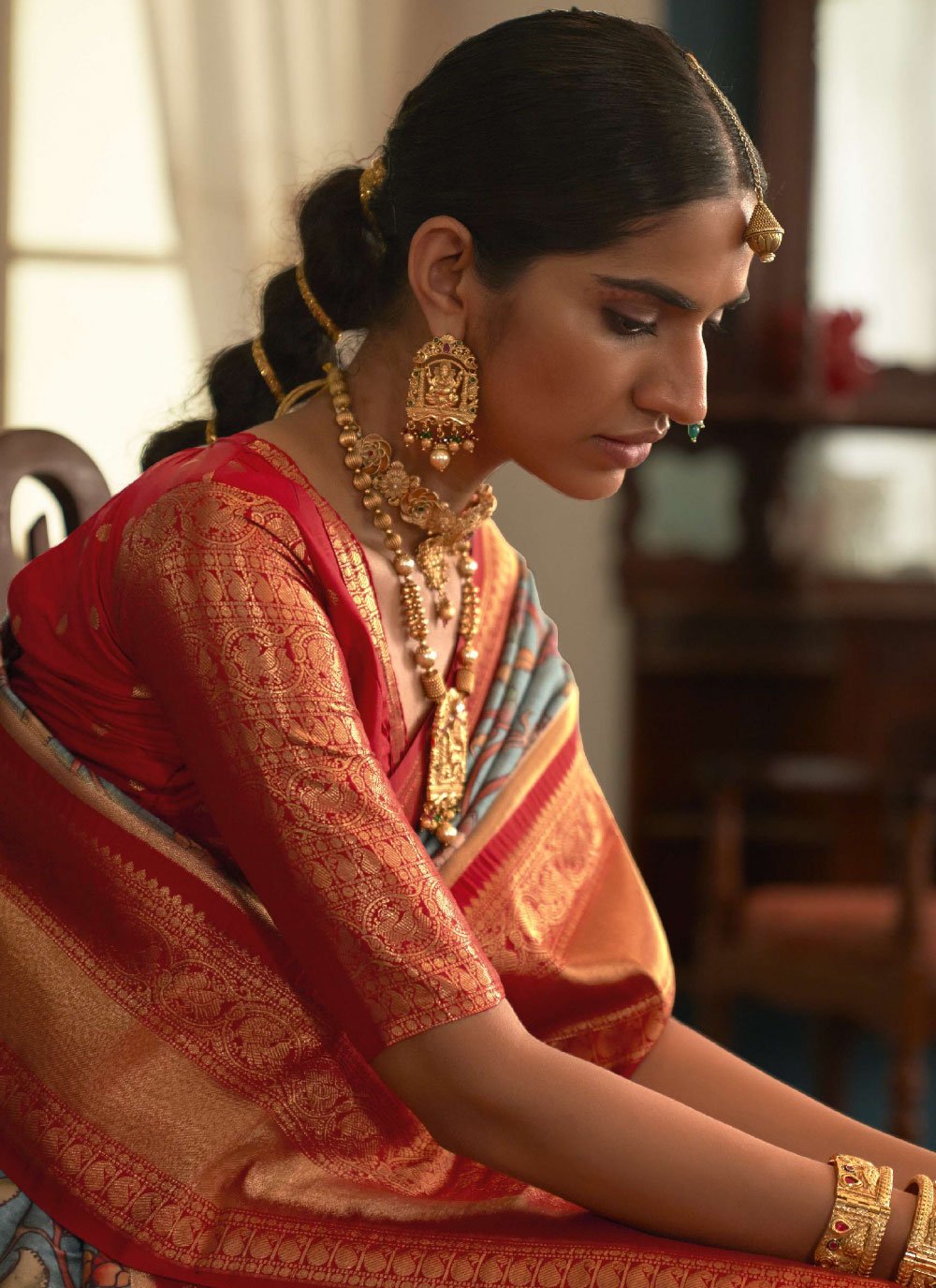 Contemporary Tussar Silk Blue Red Floral Patch Saree