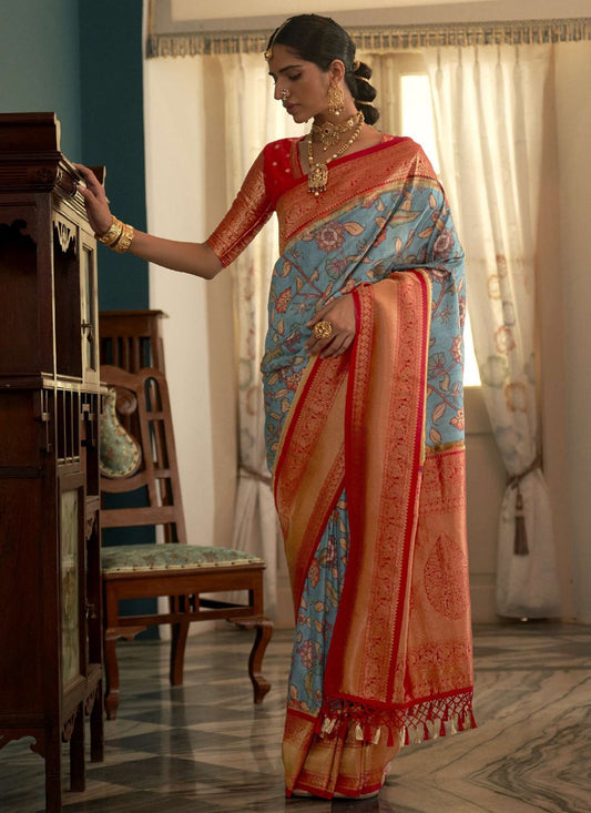 Contemporary Tussar Silk Blue Red Floral Patch Saree