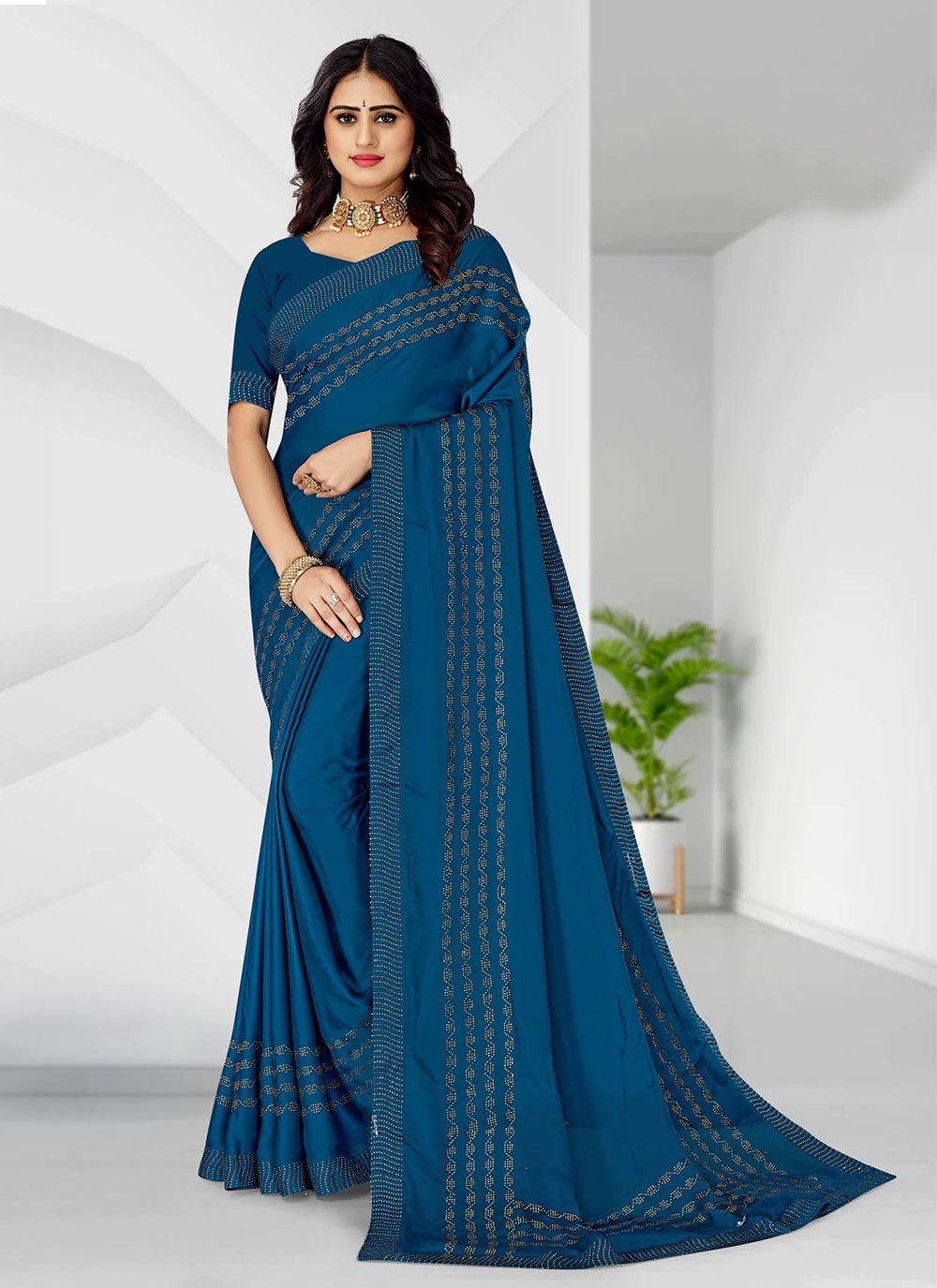 Trendy Saree Satin Blue Teal Embroidered Saree