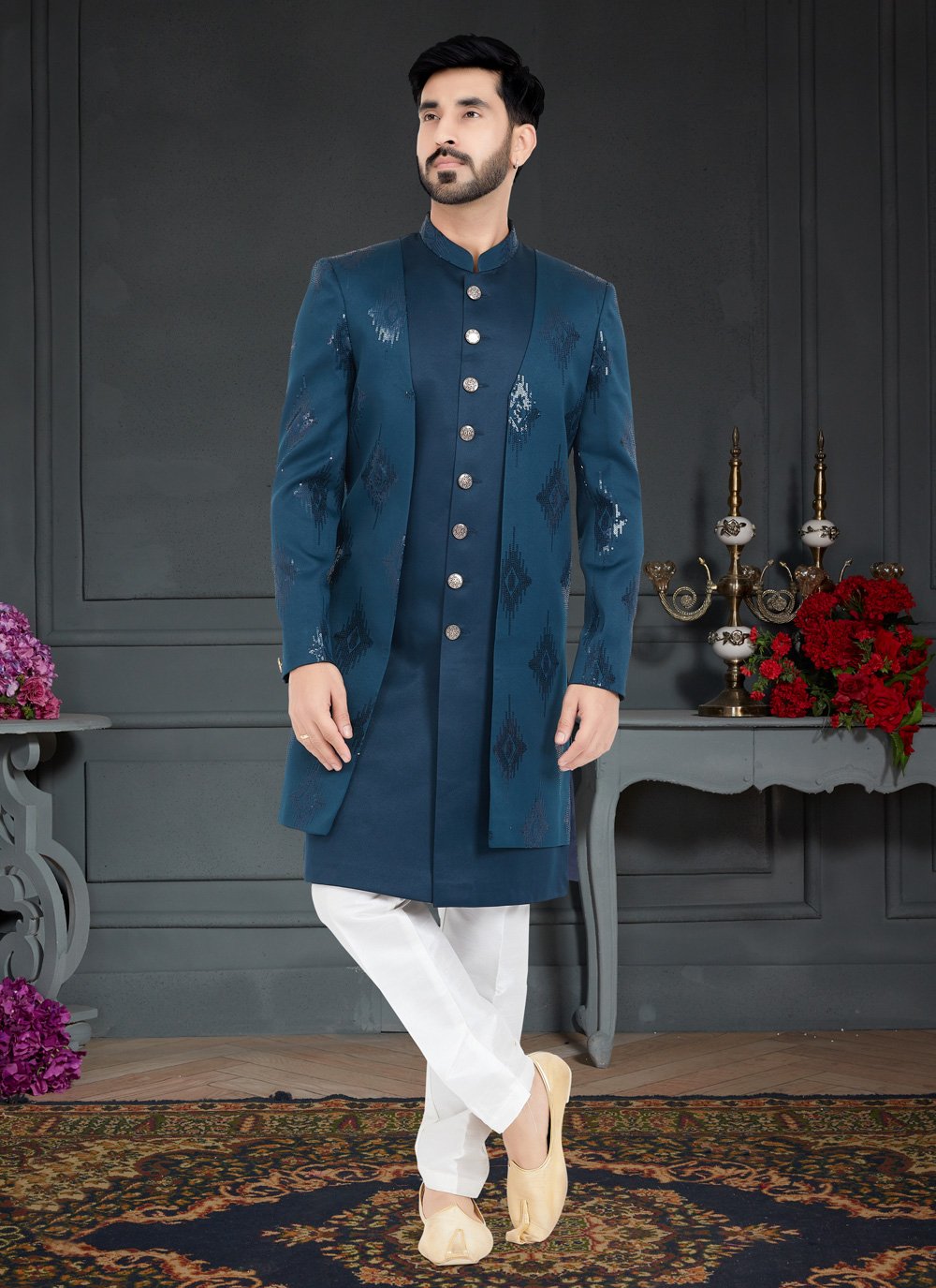 Indo Western Fancy Fabric Blue Teal Embroidered Mens