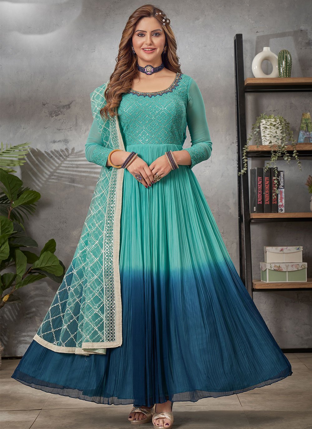 Designer Gown Georgette Blue Turquoise Embroidered Gown