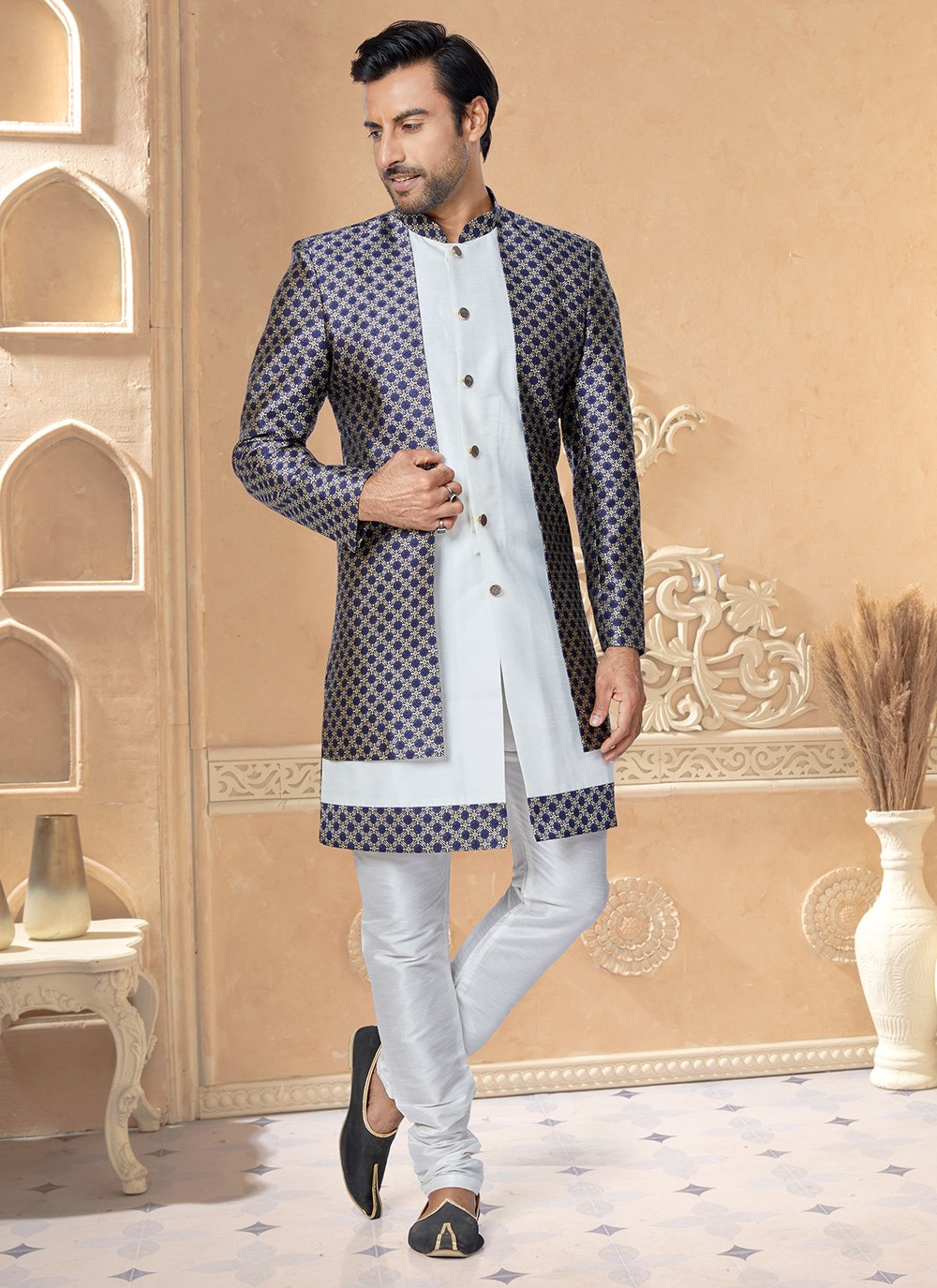 Indo Western Dupion Silk Jacquard Silk Blue White Embroidered Mens