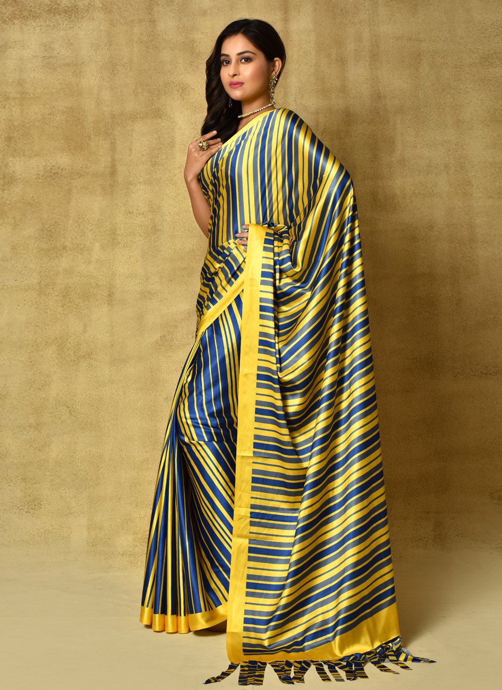 Classic Satin Blue Yellow Digital Print Saree