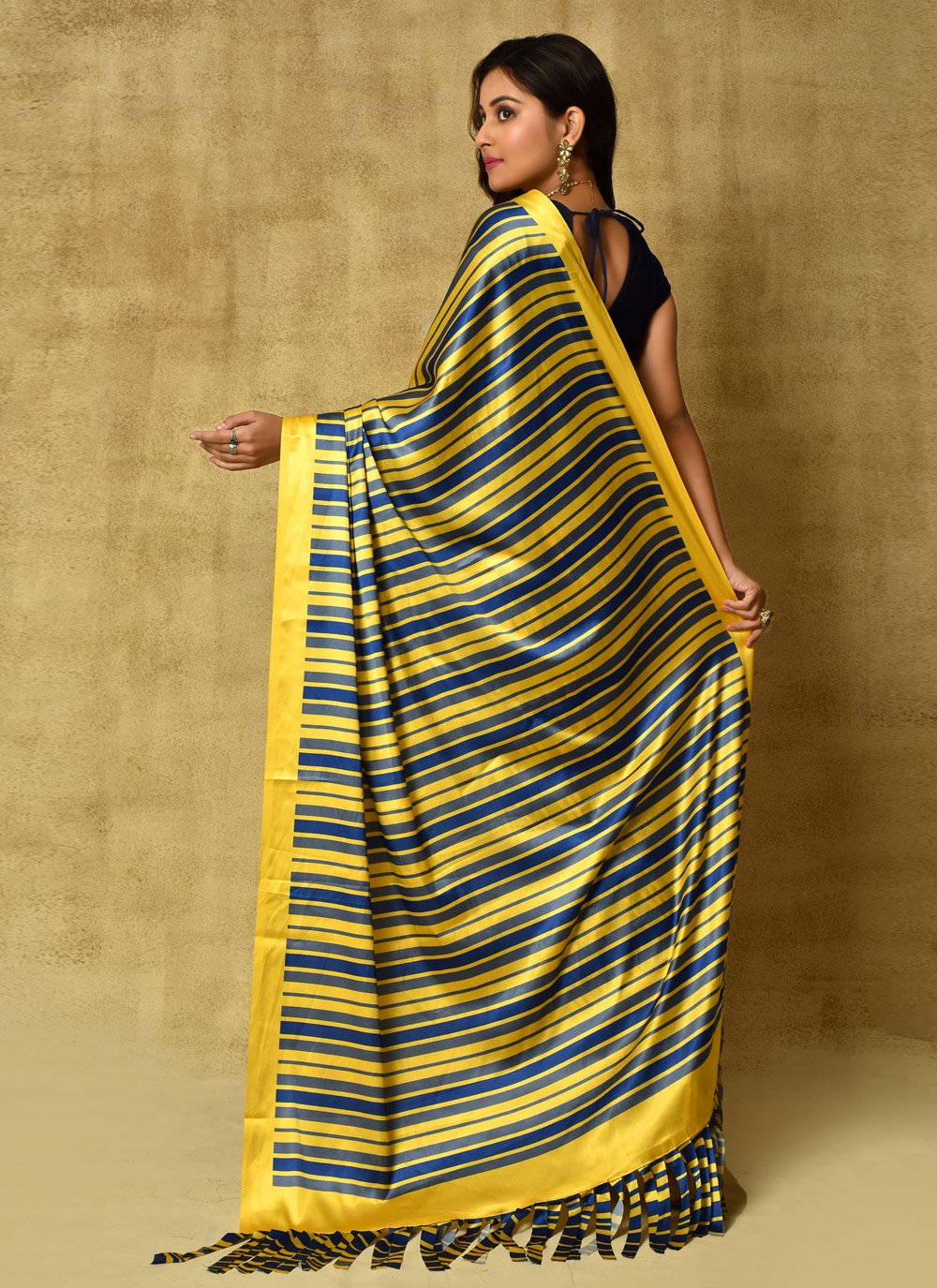 Classic Satin Blue Yellow Digital Print Saree