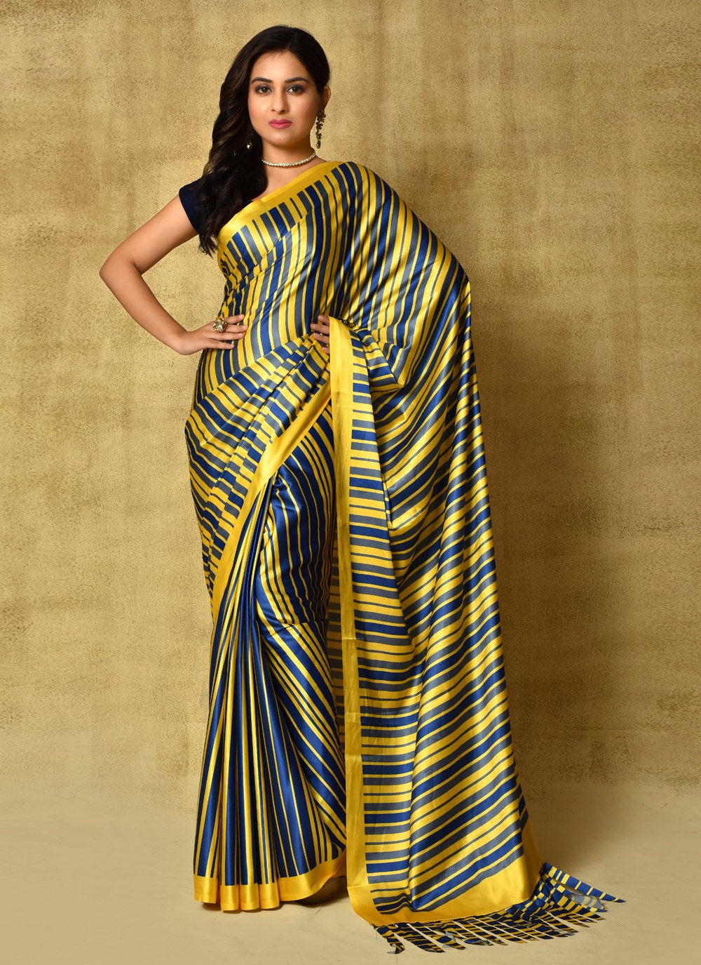 Classic Satin Blue Yellow Digital Print Saree