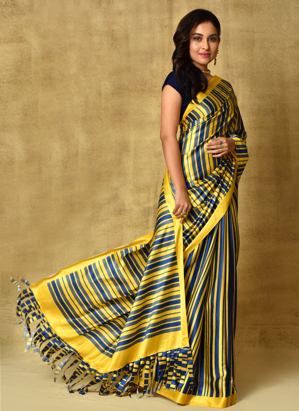 Classic Satin Blue Yellow Digital Print Saree