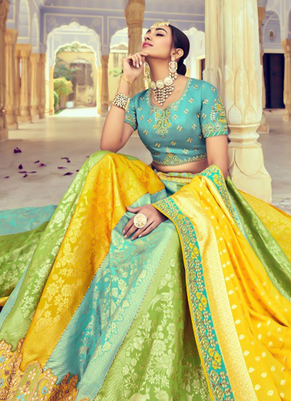 Lehenga Choli Silk Blue Yellow Beads Lehenga Choli