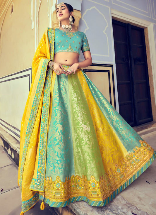 Lehenga Choli Silk Blue Yellow Beads Lehenga Choli