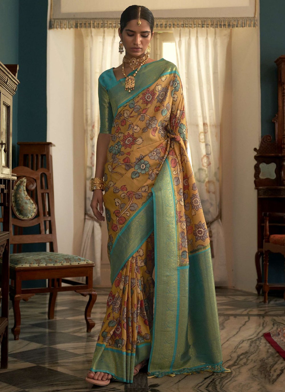 Classic Tussar Silk Blue Yellow Floral Patch Saree