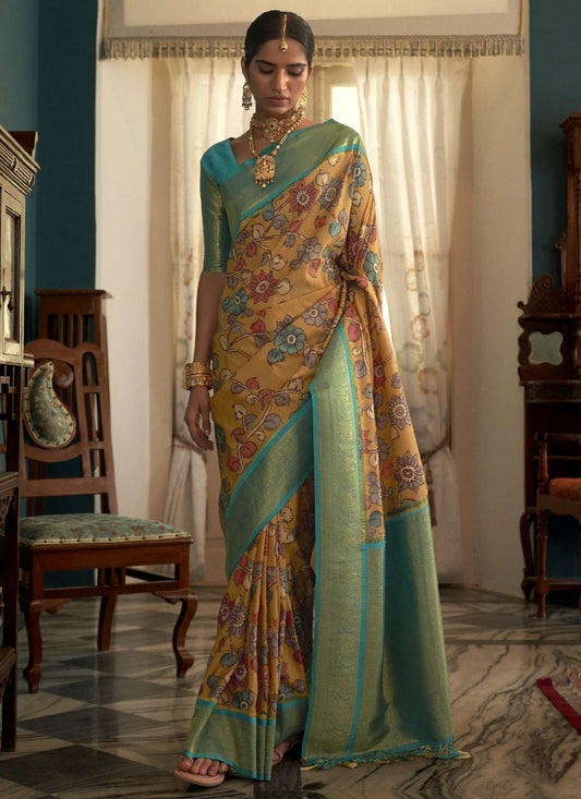 Classic Tussar Silk Blue Yellow Floral Patch Saree