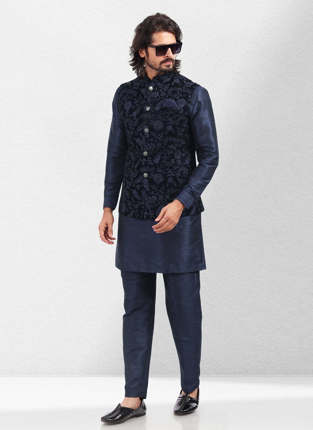 Kurta Payjama With Jacket Art Banarasi Silk Blue Embroidered Mens
