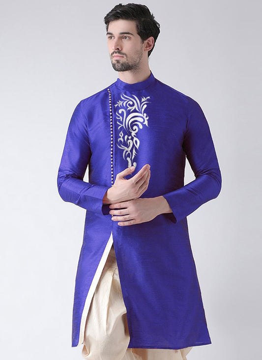 Angrakha Art Dupion Silk Blue Embroidered Mens