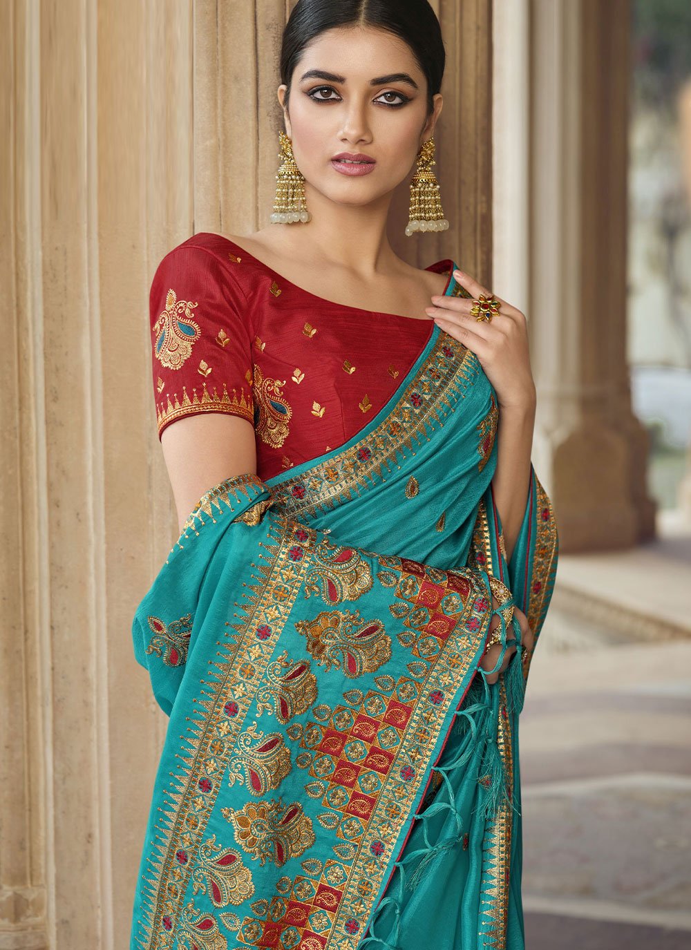 Designer Art Silk Blue Embroidered Saree