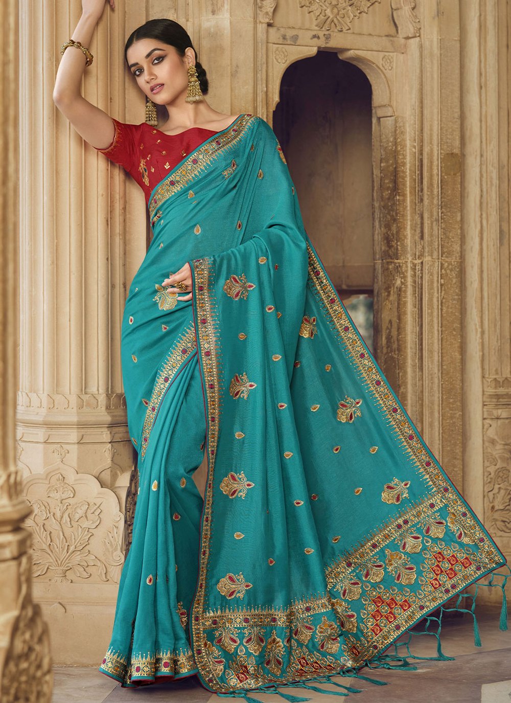 Designer Art Silk Blue Embroidered Saree