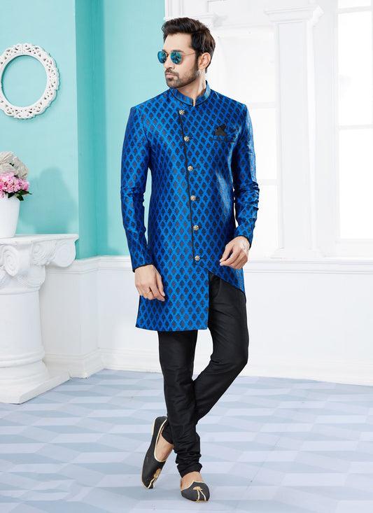 Indo Western Sherwani Banarasi Jacquard Blue Embroidered Mens