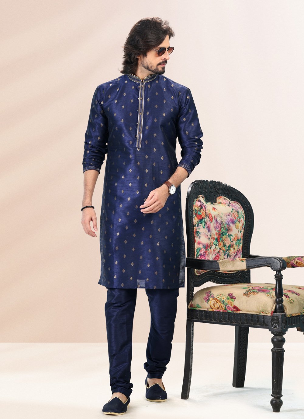 Kurta Pyjama Banarasi Silk Jacquard Blue Fancy Work Mens