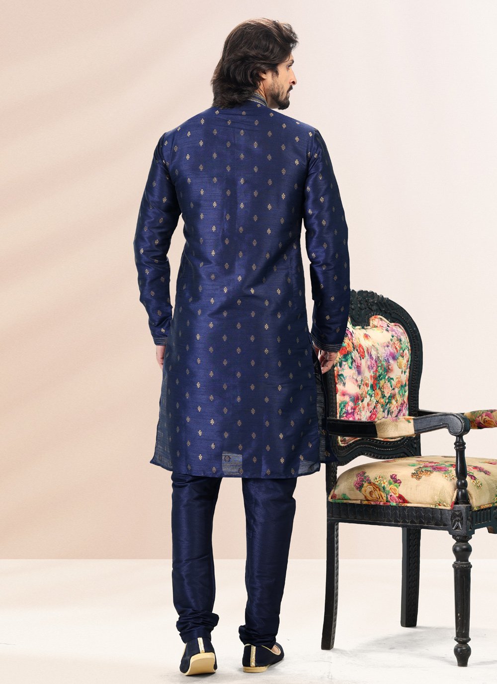 Kurta Pyjama Banarasi Silk Jacquard Blue Fancy Work Mens