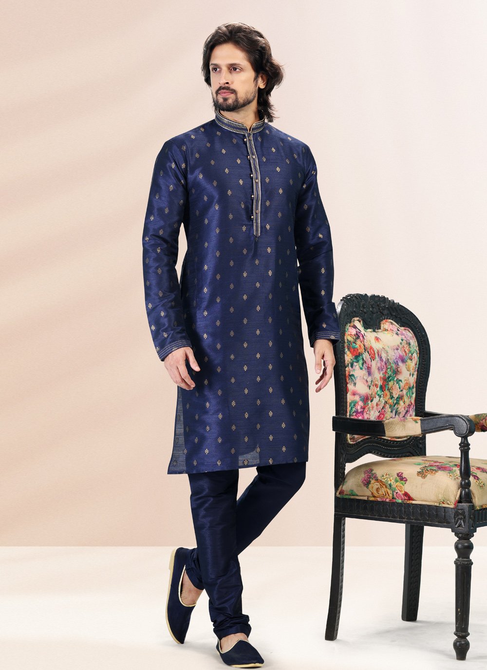 Kurta Pyjama Banarasi Silk Jacquard Blue Fancy Work Mens