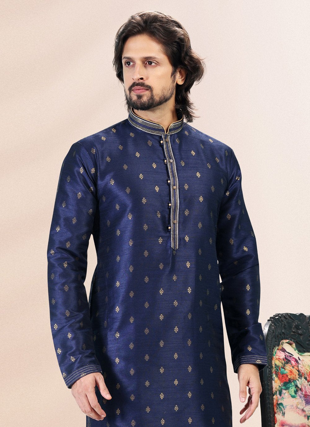 Kurta Pyjama Banarasi Silk Jacquard Blue Fancy Work Mens