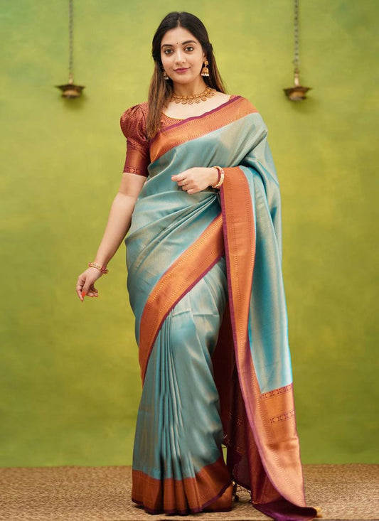 Trendy Saree Banarasi Silk Blue Jacquard Work Saree