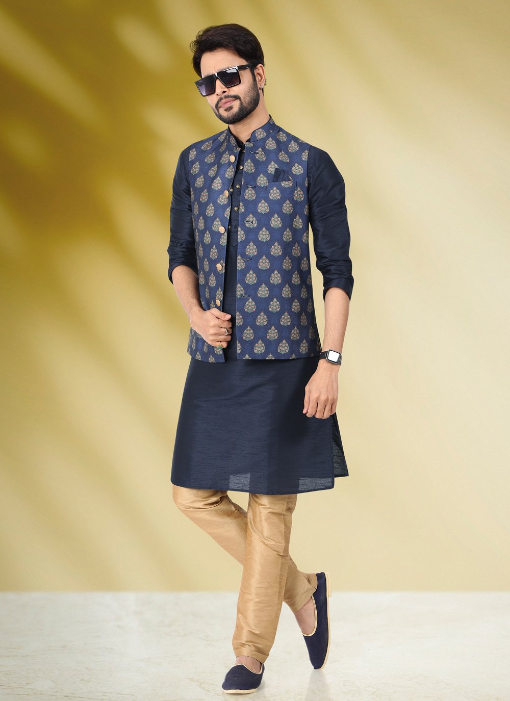 Kurta Payjama With Jacket Banarasi Silk Blue Print Mens