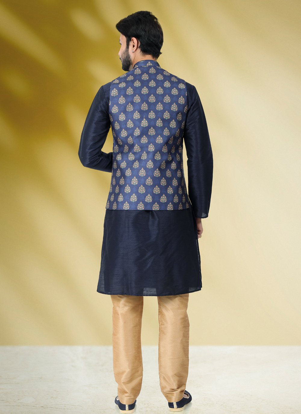 Kurta Payjama With Jacket Banarasi Silk Blue Print Mens