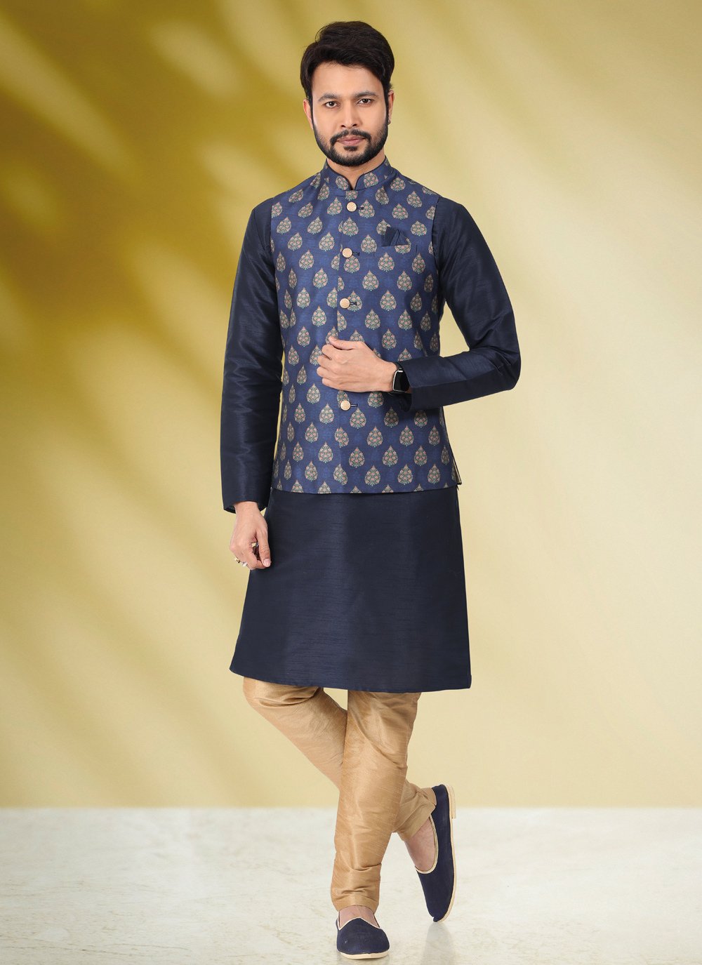 Kurta Payjama With Jacket Banarasi Silk Blue Print Mens