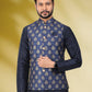 Kurta Payjama With Jacket Banarasi Silk Blue Print Mens