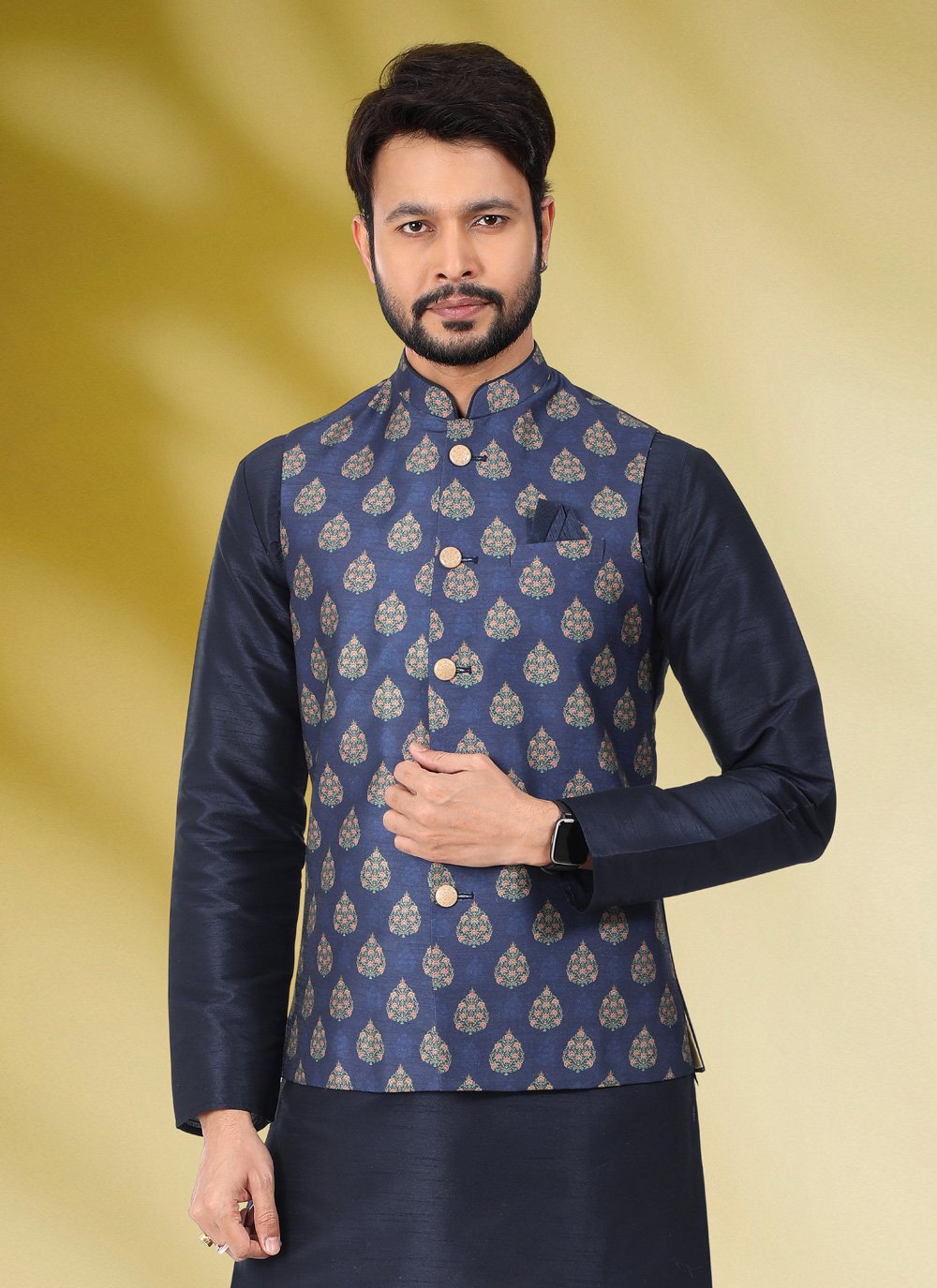 Kurta Payjama With Jacket Banarasi Silk Blue Print Mens