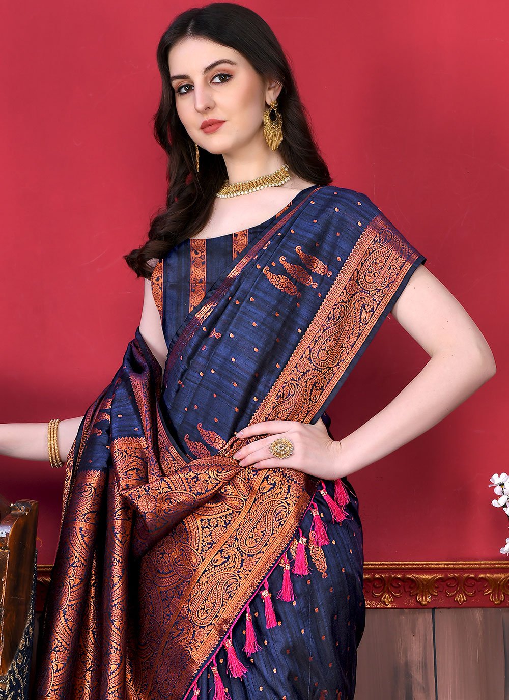 Classic Katan Silk Blue Patch Border Saree