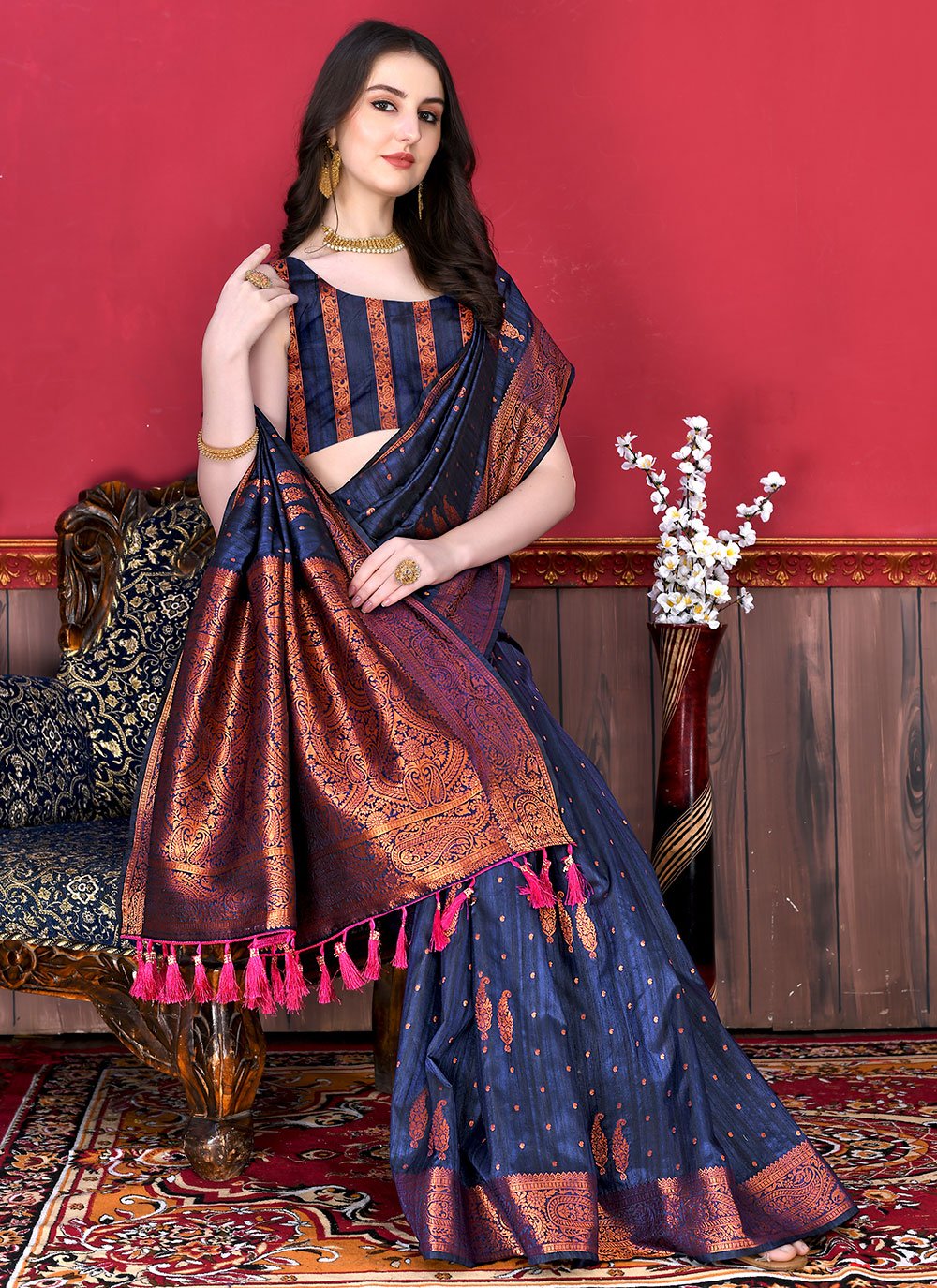 Classic Katan Silk Blue Patch Border Saree