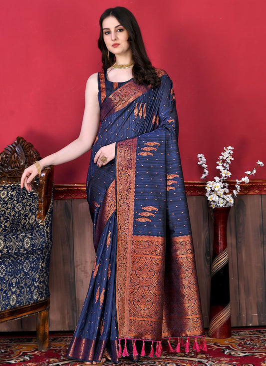 Classic Katan Silk Blue Patch Border Saree