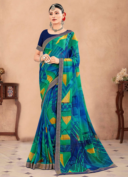 Classic Chiffon Blue Patch Border Saree