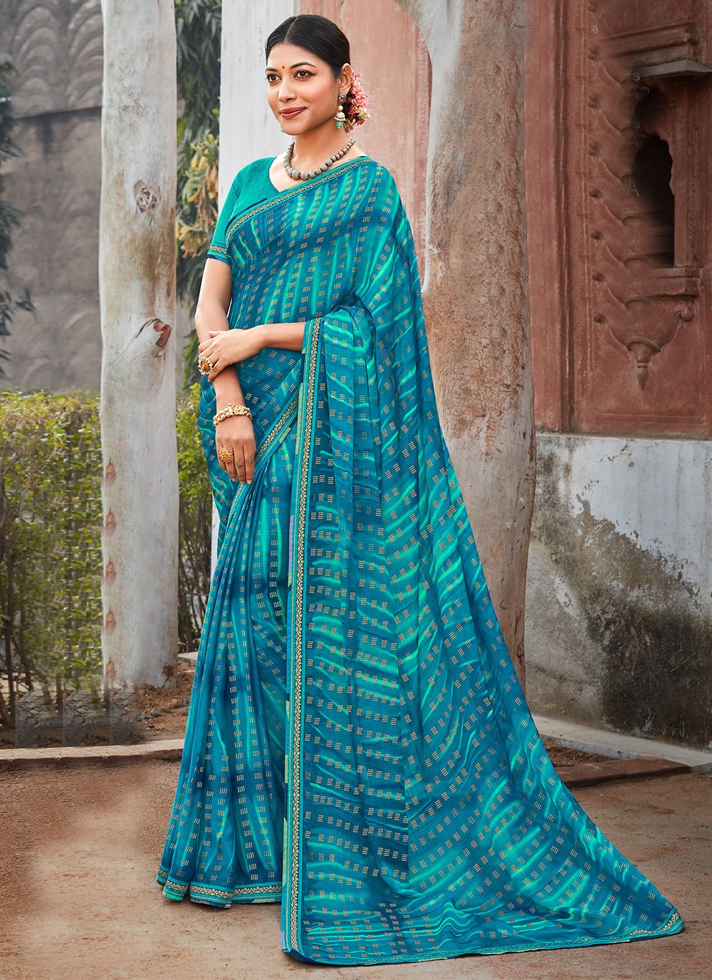 Contemporary Chiffon Blue Fancy Work Saree