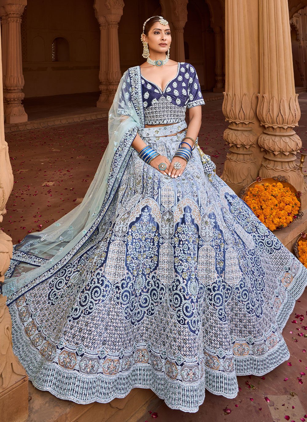 Lehenga Choli Velvet Blue Embroidered Lehenga Choli