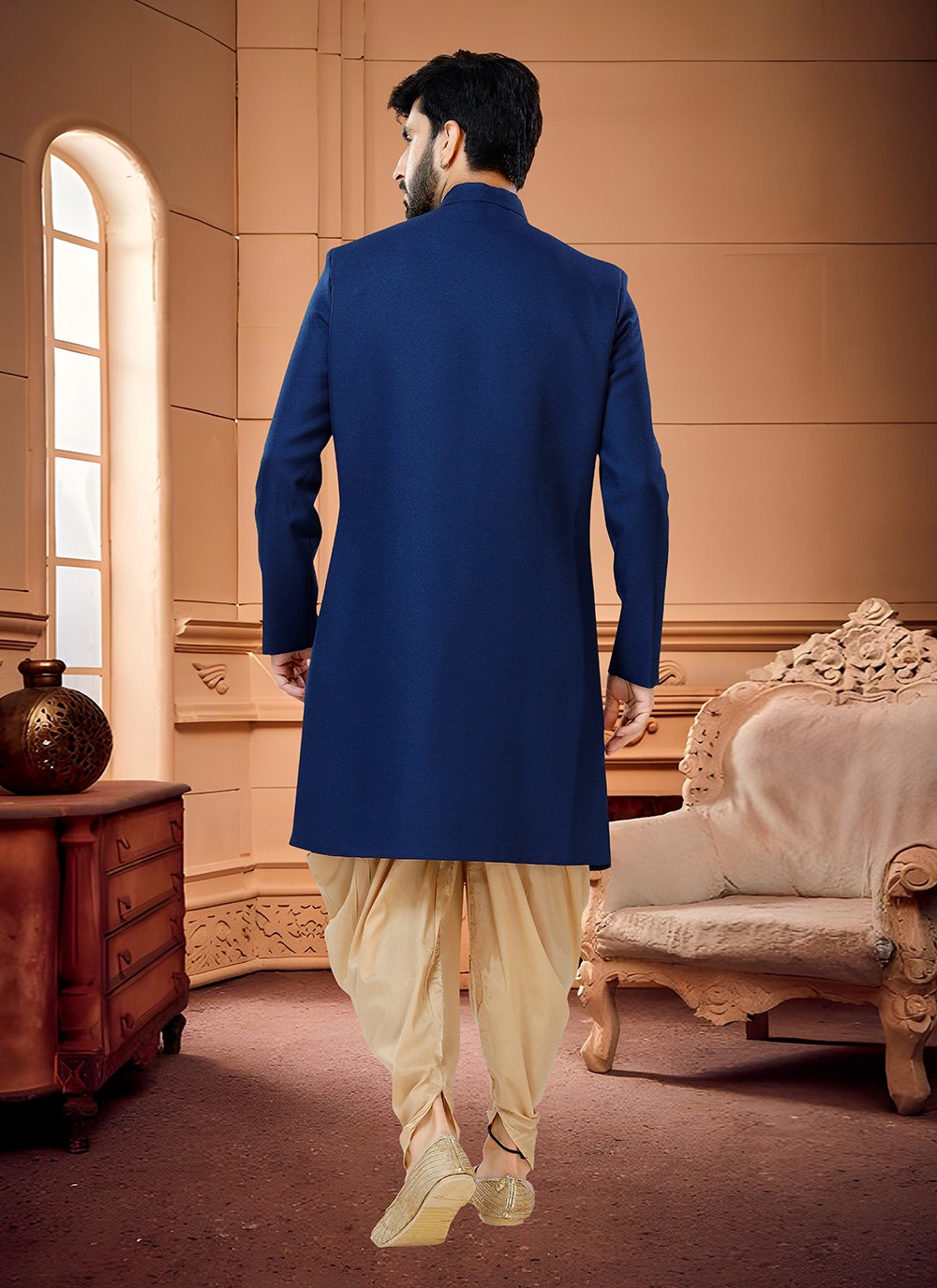 Indo Western Sherwani Fancy Fabric Blue Buttons Mens