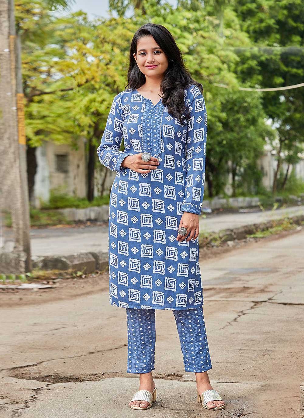 Designer Kurti Cotton Blue Print Kurtis