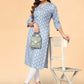 Party Wear Kurti Rayon Blue Floral Patch Kurtis