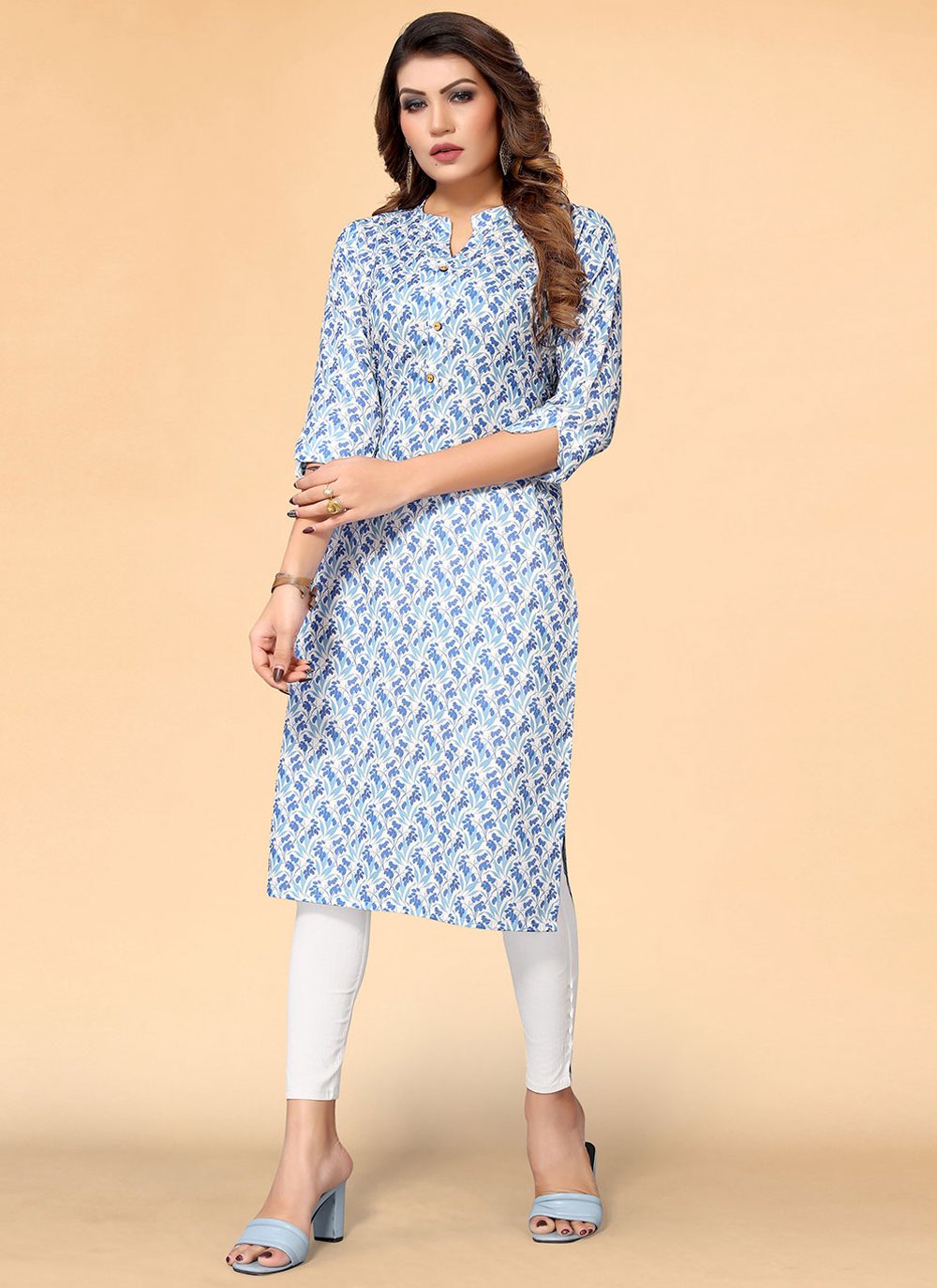 Party Wear Kurti Rayon Blue Floral Patch Kurtis