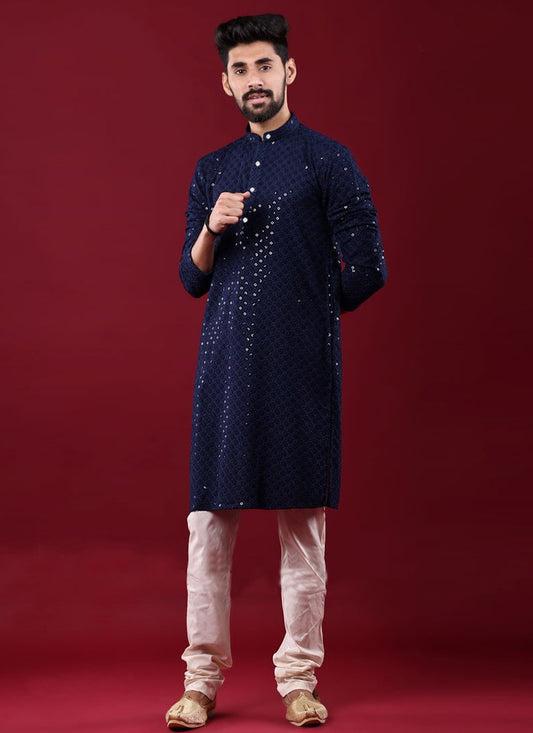 Kurta Pyjama Cotton Blue Chikankari Work Mens