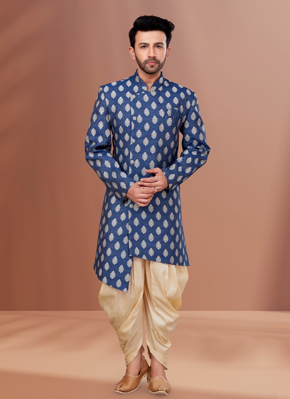 Indo Western Jacquard Blue Fancy Work Mens